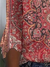 ieftine tricou boho-Pentru femei Tricou Cămașă Henley Floral Epocă Έθνικ Zilnic De Bază Lungime Manșon 3/4 În V Topuri obișnuite Concediu Sfârșit de săptămână Nasturi Imprimeu Roșu-aprins Mov Trifoi Kaki Gri Toamna iarna