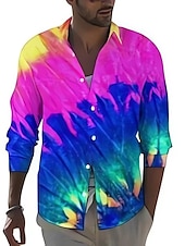 preiswerte Geometrische Muster-Herren Regenbogen Geometrische Muster Hemd Knopfhemd Langarm Modisch Strassenmode Designer Casual Täglich Ausgehen Herbst Winter Umlegekragen Bedruckt Rosa Regenbogen Blau + Blau Leicht Blau