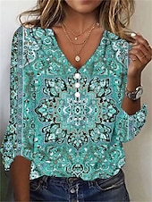 ieftine tricou boho-Pentru femei Tricou Cămașă Henley Floral Epocă Έθνικ Zilnic De Bază Lungime Manșon 3/4 În V Topuri obișnuite Concediu Sfârșit de săptămână Nasturi Imprimeu Roșu-aprins Mov Trifoi Kaki Gri Toamna iarna
