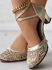 baratos Anos 1920 &amp; Era Gatsby-Sapatos de salto alto femininos com tira em T, em malha dourada e strass – estilo vintage da era Gatsby dos anos 1920, elegantes sapatos de baile para festas de dança da era do jazz.