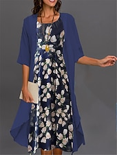 economico Abito Floreale-Abito di laurea da donna Abito midi Set di abiti Set di abiti Abito casual Stampa abito Elegante Moda Stampa floreale Manica 3/4 Collo a giro nudo Esterno Giornaliero Nero Bianco Rosa Estate Primavera
