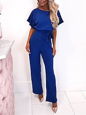 levne párty kombinézy-dámská kombinéza elegantní pásek v pase červená široká noha s kulatým výstřihem krátký rukáv jednobarevná párty práce ležérní jaro léto oblečení oblečení