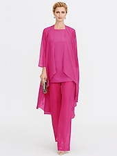billiga Mammas byxdräkter-Strand Bröllop Jumpsuit/Byxdräkt 3 Delar Mor Till Brud Bröllops Gäst Elegant Plus Size Inkluderat Bateau Hals Golvlängd Chiffon Ärmlös Jacka es med Enfärgade Färger