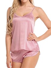 preiswerte Damen Schlafanzüge-Damen-Pyjama-Sets in reiner Farbe, modisch, lässig, weich, für zu Hause, tägliches Bett, Satin-Seide, atmungsaktive Träger, kurzärmeliges Trägeroberteil, Hose, Sommer-/Herbst-Home-Outfits