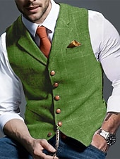  gilet da uomo in tweed, gilet, moda vintage, primavera e autunno, bottoni, misto lana, comodo, semplice, monopetto, scollo a V, vestibilità regolare, verde scuro, blu navy, grigio scuro, grigio chiaro.