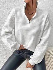 abordables Sweat à capuche de sport-sweat-shirt zippé pour femme sweat-shirt pull sport basique texturé couleur unie rue décontracté col en V demi-zip quart de zip manches longues blanc automne&amp;amp; hiver