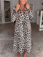 cheap Shirt Dresses-Women&#039;s Leopard Button Print Shirt Collar Midi Dress Daily Vacation Long Sleeve Summer Spring
