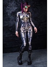 baratos Trajes Femininos-Esqueleto Caveira Robô Steampunk Fantasia de Carnaval Terno Corpo Inteiro Traje Cosplay Fatos de Corpo Macacão Corpo Inteiro Adulto Mulheres Uma Peça Traje Assustador Festa dia das Bruxas Baile de