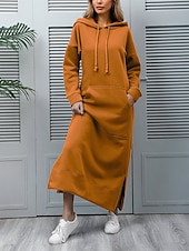 preiswerte Sweatshirt- und Hoodie-Kleider-Damen Casual kleid Sweatkleid kleid lang Täglich Basic Outdoor Urlaub Ausgehen V Ausschnitt Tasche Feste Farbe Regular Fit Schwarz Burgunderrot Blau S M L XL XXL