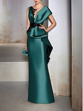 abordables JAUNE-Robe de soirée fourreau élégante robe formelle invitée à un mariage longueur sol manches courtes décolleté en V en satin avec volants broderies et appliqués 2025