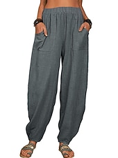 abordables Bas-Femmes Pantalon d'été 100% Coton Pantalons Amples Pantalon sarouel Confort Longueur cheville Naturel Couleur Unie Avec Poches Taille Élastique Décontracté Kaki Noir Blanche Vert Véronèse Ét