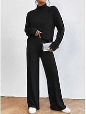 abordables Survêtements pour femmes-Femme Chaud Néon et lumineux Chemise Ensembles de pantalons Pantalon manche longue Col Roulé Couleur unie Casual Quotidien Noir Vert Véronèse Bleu Automne hiver Standard