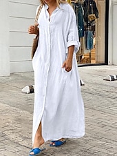 abordables concevoir des robes en coton et lin-Femmes Noir Blanche Jaune Automne Robe Maxi Robe maxi Robes inspirées du lin Robe Blanche Robe noire Mode Quotidien Classique Extérieur Vacances Quotidien Coupe Ample Uni Col montant