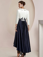 cheap Tea Length-A-Line Mother of the Bride Dress Tuxedo Dress Formal Wedding Guest Elegant High Low Shirt Collar Asymmetrical Tea Length Satin Lace with Appliques Color Block Derby Dress Race Day Dress 2025