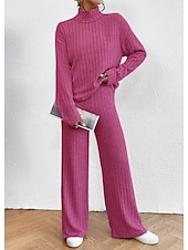 abordables Survêtements pour femmes-Femme Chaud Néon et lumineux Chemise Ensembles de pantalons Pantalon manche longue Col Roulé Couleur unie Casual Quotidien Noir Vert Véronèse Bleu Automne hiver Standard
