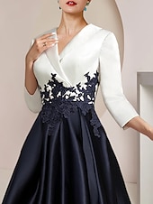 cheap Tea Length-A-Line Mother of the Bride Dress Tuxedo Dress Formal Wedding Guest Elegant High Low Shirt Collar Asymmetrical Tea Length Satin Lace with Appliques Color Block Derby Dress Race Day Dress 2025