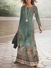 baratos Vestido Boho Étnico-Mulheres Vestido Longo Vestido Maxi Vestido casual Roupa de inverno Vestido estampado Vintage Étnico Tribal Diário Ao ar livre Rua Normal Floral Tribal Manga Longa Gola Redonda Preto Vermelho Azul