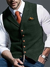 gilet da uomo in tweed, gilet, moda vintage, primavera e autunno, bottoni, misto lana, comodo, semplice, monopetto, scollo a V, vestibilità regolare, verde scuro, blu navy, grigio scuro, grigio chiaro.