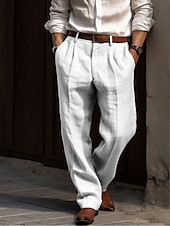 cheap Business-Men&#039;s Linen Pants Trousers Summer Pants Pleated Pants Dress Slacks Front Pocket Straight Leg Plain Comfort Breathable Casual Daily Holiday Fashion Basic Black White