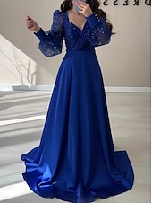 billige champagne-A-linje kveldskjole elegant kjole formell høst sveip/børstet jernbane lang erme V-hals sateng med glitter folder stropp masquerade kjole