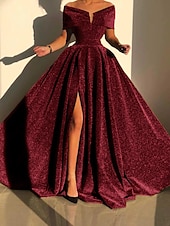 economico GIALLO-Abito da sera A-Line abito scintillante abito formale autunno strascico senza maniche off shoulder paillettes con spacco abito da mascherata 2025