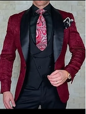 cheap Dinner Party-Men&#039;s Wedding Party Tuxedos Homecoming Black Burgundy Printing Standard Fit 3 Piece Single Breasted One-button