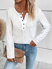 cheap Plain Tops-Women&#039;s Shirt Lace Shirt Blouse Eyelet top Color Block Plain Fashion Long Sleeve Round Neck Regular Tops Work Buttons Black White Purple Brown Beige Spring &amp;  Fall