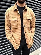 economico camicie di flanella-Per uomo Camicia a nido d&#039;ape Maglia Henley a nido d&#039;ape Giacca camicia Sopracamicia Semplice All&#039;aperto Abbigliamento quotidiano Nero Bianco Marrone Manica Lunga Bavero Autunno &amp; Inverno