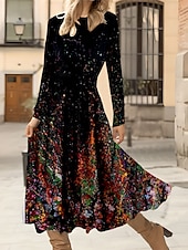 preiswerte Boho Kleid-Damen Midi Kleid A-Linie Kleid Lässiges Kleid Winterkleid Swing Kleid Mode Streetwear Reif Formell Outdoor Urlaub Reguläre Passform Floral Lange Ärmel Rundhalsausschnitt Schwarz Rot Grün Grau Herbst