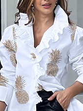 economico Top eleganti-camicetta da donna, camicetta, quotidiano, lettera, volant, stampa, manica lunga, regolare, top, scollo a V, lavoro, bianco, cachi, beige, primavera&amp;amp;  autunno