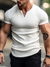 cheap Ribbed Knit Tee-Men&#039;s T Shirt Ribbed Knit tee Tee Top Short Sleeves V Neck Summer Plain Pit Strip Fashion Designer Basic Vacation Street Going out Black White Khaki Top Tee for Men