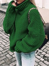 billige Solide farger-Dame Pullover genser Stilfull Fritid Myk Helfarge Riflet Rullekrage Overstørrelse Langermet Vanlige topper Strikke Daglig Ut på byen Helg Svart Rosa Høst Vinter