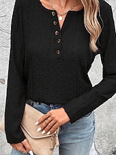 cheap Plain Tops-Women&#039;s Shirt Lace Shirt Blouse Eyelet top Color Block Plain Fashion Long Sleeve Round Neck Regular Tops Work Buttons Black White Purple Brown Beige Spring &amp;  Fall