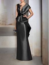 abordables JAUNE-Robe de soirée fourreau élégante robe formelle invitée à un mariage longueur sol manches courtes décolleté en V en satin avec volants broderies et appliqués 2025