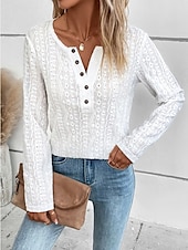 cheap Plain Tops-Women&#039;s Shirt Lace Shirt Blouse Eyelet top Color Block Plain Fashion Long Sleeve Round Neck Regular Tops Work Buttons Black White Purple Brown Beige Spring &amp;  Fall