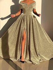 economico GIALLO-Abito da sera A-Line abito scintillante abito formale autunno strascico senza maniche off shoulder paillettes con spacco abito da mascherata 2025