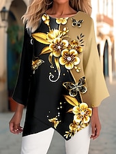 cheap Floral Tops-Women&#039;s Blouse Chiffon Floral Print Long Sleeve Long Tops Round Neck Casual Holiday Yellow Blue Green Spring &amp;  Fall