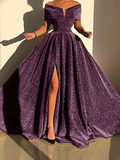 economico GIALLO-Abito da sera A-Line abito scintillante abito formale autunno strascico senza maniche off shoulder paillettes con spacco abito da mascherata 2025