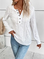 cheap Plain Tops-Women&#039;s Shirt Lace Shirt Blouse Eyelet top Color Block Plain Fashion Long Sleeve Round Neck Regular Tops Work Buttons Black White Purple Brown Beige Spring &amp;  Fall