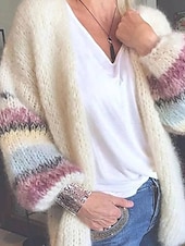 billige Cardigans og yttertøy-Dame Cardigan Genser Stilfull Fritid Myk Geometrisk Fargeblokk Stripet Riflet Åpen Forside Lapper Langermet Lange topper Strikke Daglig Ut på byen Helg Gul Lysegrønn Høst Vinter