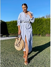 cheap Print Cotton &amp; Linen Dresses-Women&#039;s Black White Light Green Summer Spring Fall Maxi Dress Cotton Linen Dresses Casual Dress Shift Dress Basic Casual Outdoor Winter Dress Vacation Loose Fit Striped Shirt Collar