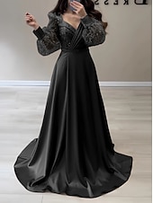 billige champagne-A-linje kveldskjole elegant kjole formell høst sveip/børstet jernbane lang erme V-hals sateng med glitter folder stropp masquerade kjole