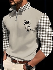 levne Dovolená-Kentucky Derby Pánské Pléd Kokosový strom Polo na zip Golfové polokošile Dlouhý rukáv Polo tričko Zip Na běžné nošení Venkovní Běžné / Denní Streetwear 3D Tisk Podzim zima Bílá Vodní modrá Trávov