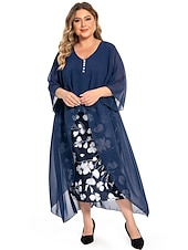levne Kolekce nadměrných velikostí-dámské plus size křivky pracovní šaty květinové v střih nařasený 3/4 rukáv jarní podzim pracovní elegantní midi šaty formální šaty na dovolenou / vrstvené / potisk