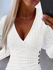 economico Top Semplici da Donna-camicetta da donna a coste bottoni alla moda manica lunga top regolari scollo a V casual bianco cachi grigio primavera&amp;amp;  autunno