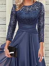 abordables Robe de cocktail-Femme Robe dentelle Robe de bal robe soirée Mousseline de soie Dentelle Patchwork Col Ras du Cou Manches 3/4 Robe mi-longue Formel robe hiver bleu marine Printemps Hiver
