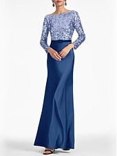 cheap Evening Dresses-Sheath / Column Evening Gown Elegant Dress Formal Fall Ankle Length Long Sleeve Scoop Neck Belt / Sash Satin with Glitter Strappy 2023