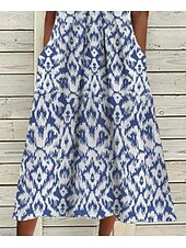 levne Boho šaty-Dámské midi šaty casual šaty shift šaty modré krátký rukáv geometrické kapsy jaro léto V výstřih základní každodenní dovolená letní šaty