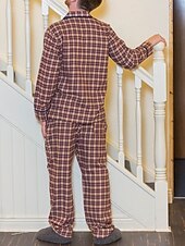 billige Pyjamas-Herre lounge Nattøy Pyjamas Sett Pyjamas topp og bukse 2 deler Ruter Stripe Stilfull Fritid Komfort Hjem Daglig Bomull Komfort Knaphul Langermet Skjorte Bukse Snorer Elastisk midje Vår Høst Hvit Gul