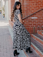 cheap Print Casual Dress-Floral Crew Neck Maxi Dress